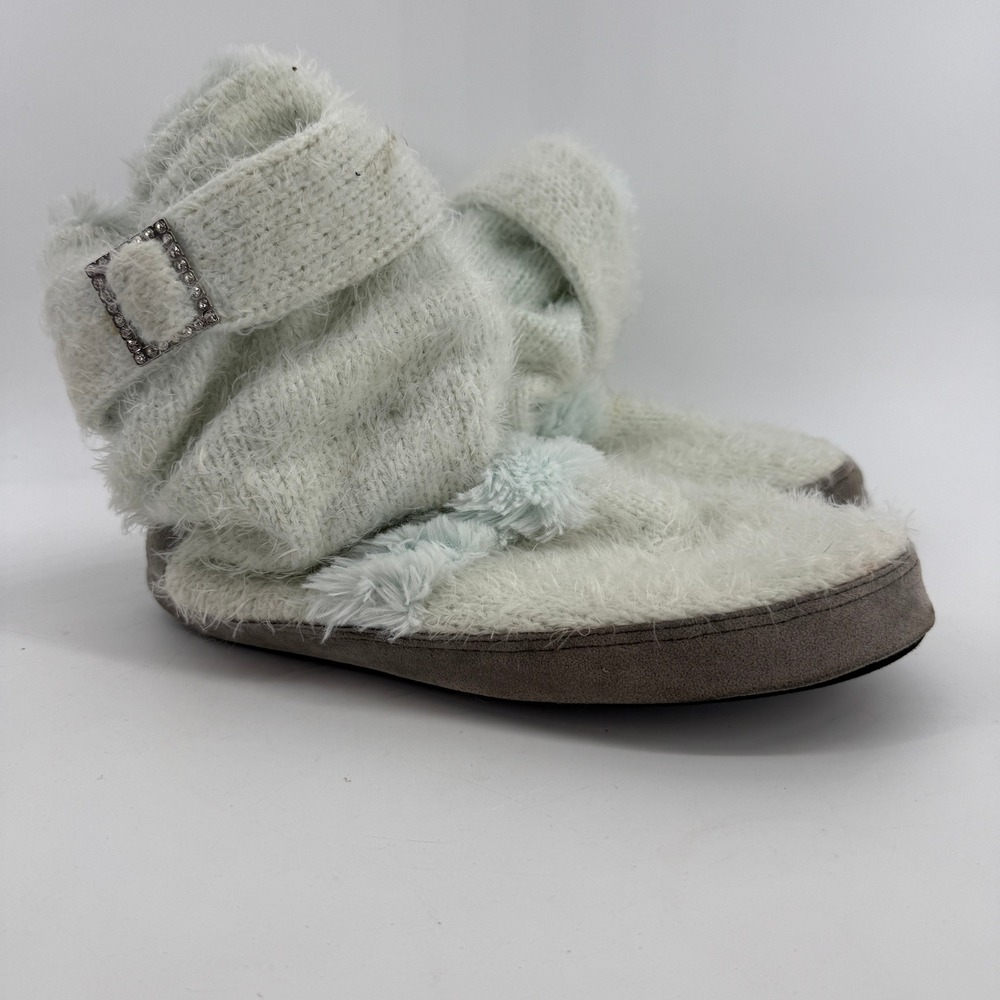 Muk Luks Knit Slipper Boots Women 9-10 Mint Green Slouchy Rhinestone Buckle Cozy